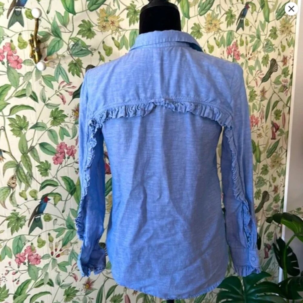 Club Monaco Chambray Blue Linen Blend Ruffle Blouse